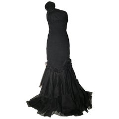 Prada Black Textured One Shoulder Gown with Rosette Detail and Ruffle Hem, 2008
