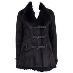 PRADA black THREE BELT SHEARLING Coat Jacket 40 S