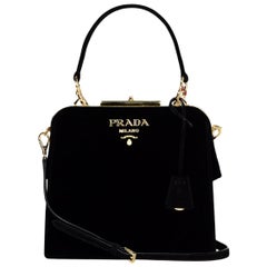 Prada Black Velluto Velvet Crystal Embellished Frame Doctor Bag 1BA144