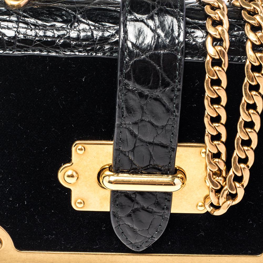 Prada Black Velvet and Croc Embossed Leather Micro Cahier Crossbody Bag 4