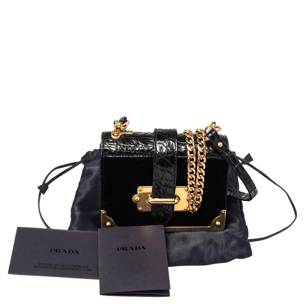 Prada Black Velvet and Croc Embossed Leather Micro Cahier Crossbody Bag 5