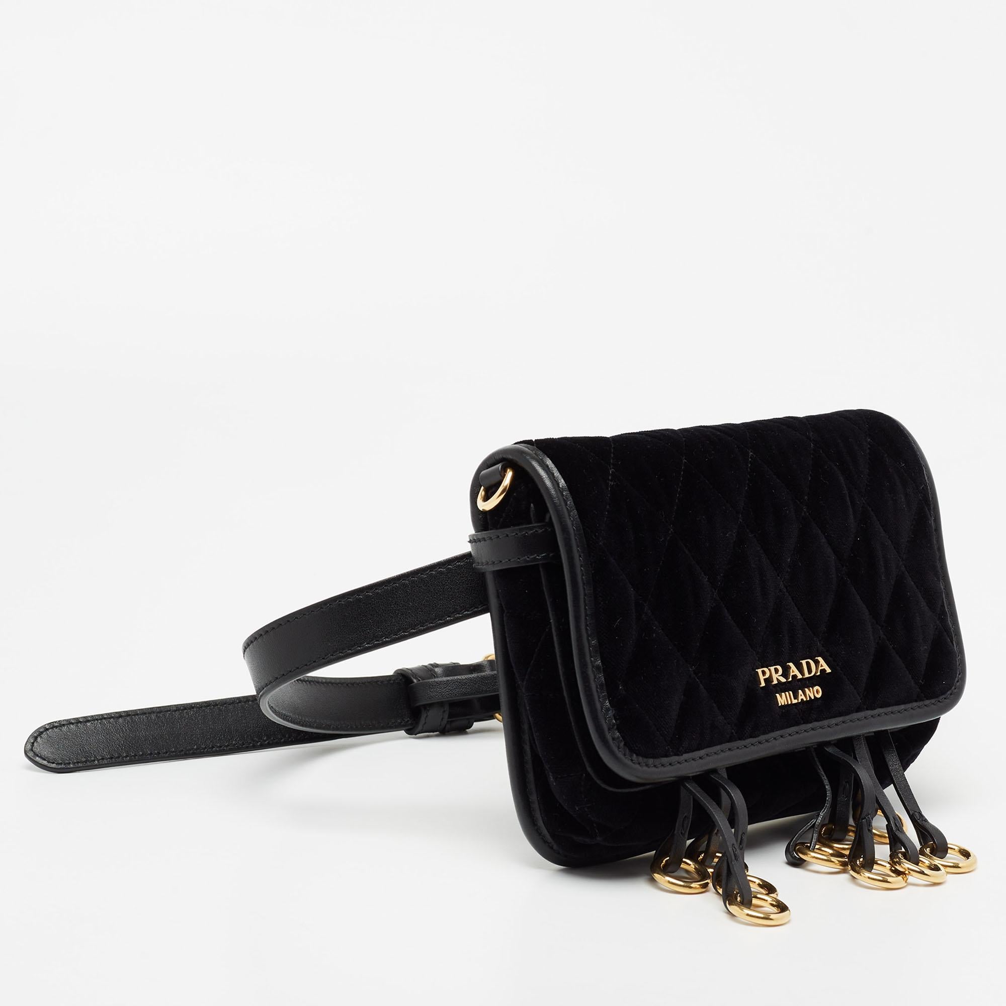 Prada Black Velvet and Leather Corsaire Chain Belt Bag 1