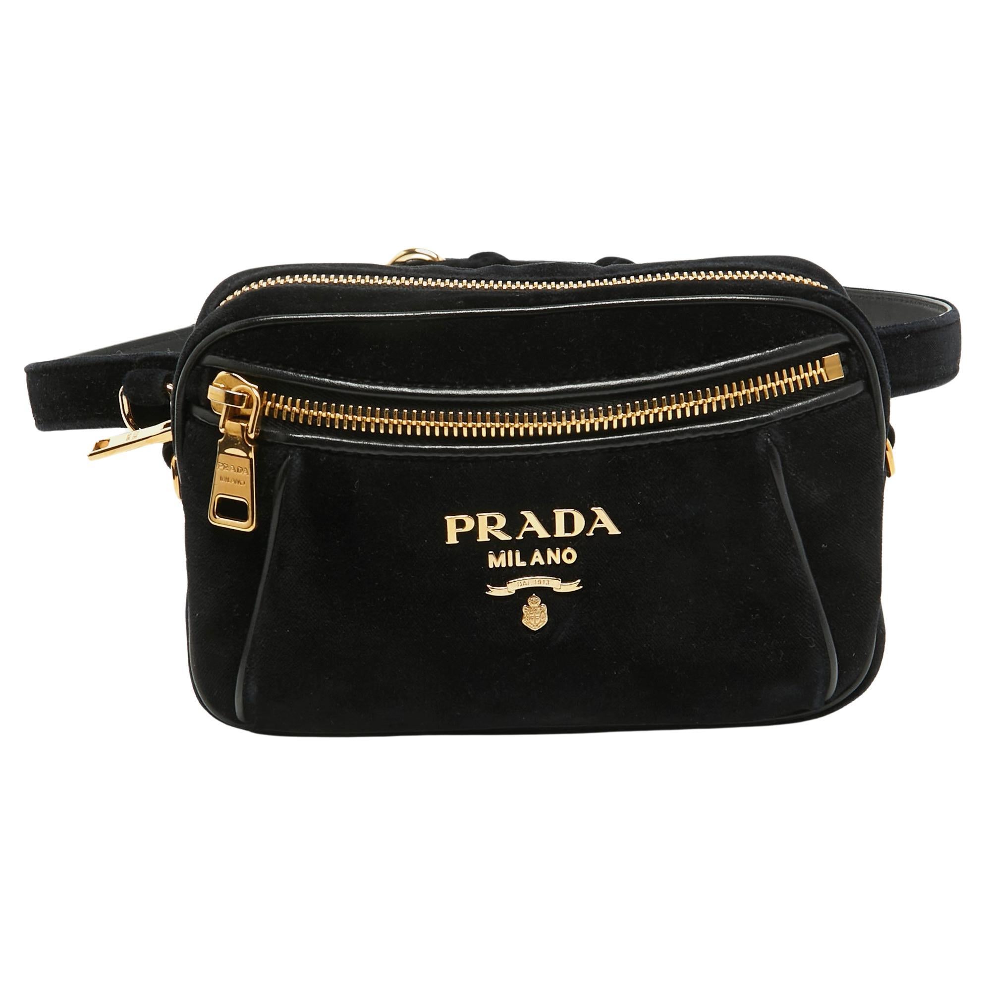 Prada Black Velvet and Leather Velluto Belt Bag For Sale
