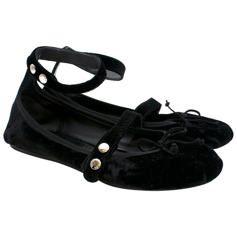 Prada Black Velvet Ballerinas w/ Ankle Strap 40 For Sale at 1stDibs