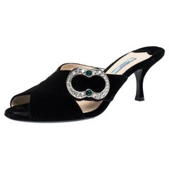 Prada Black Velvet Crystal Embellished Open Toe Mules Size 40.5