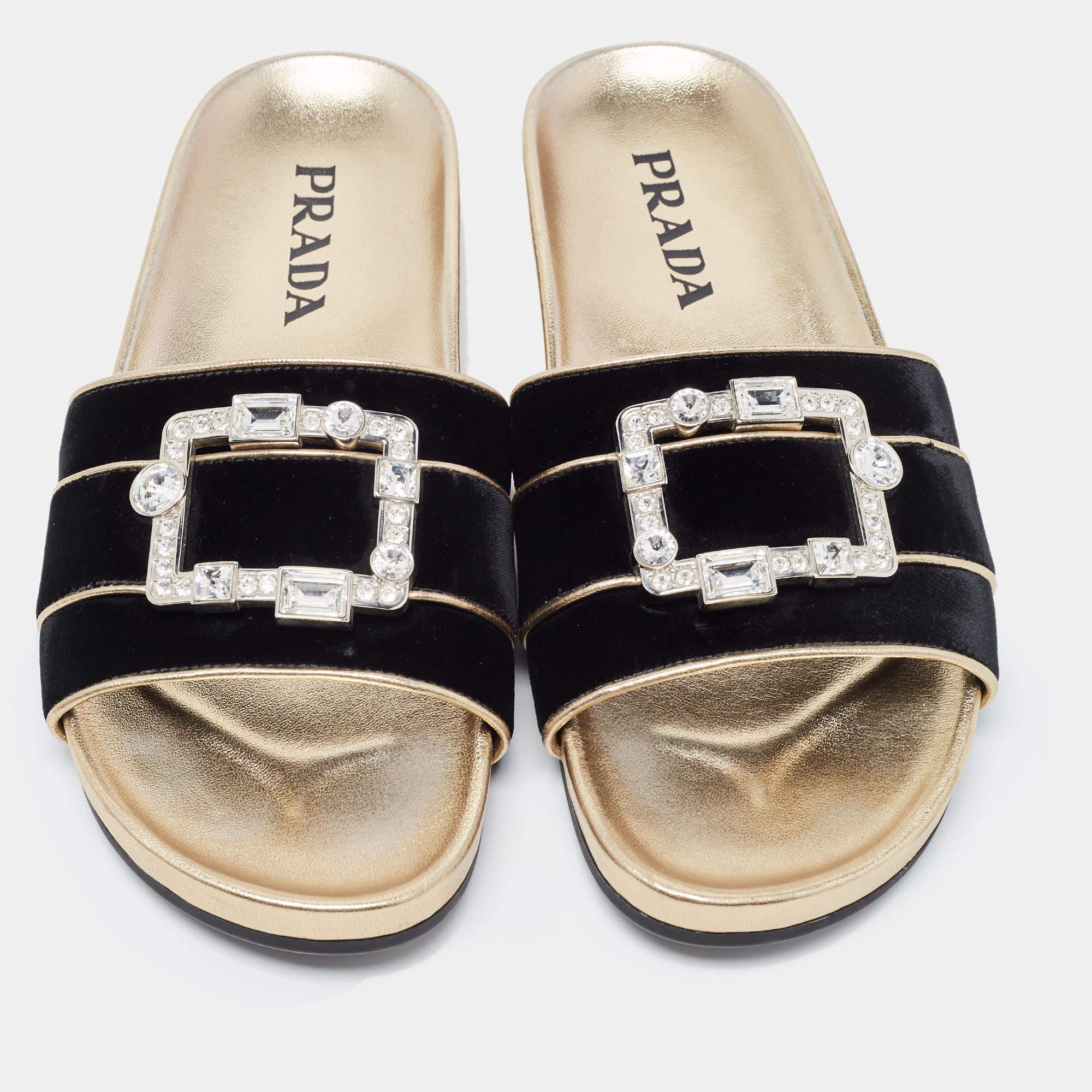 Beige Prada Black Velvet Embellished Buckle Slides For Sale