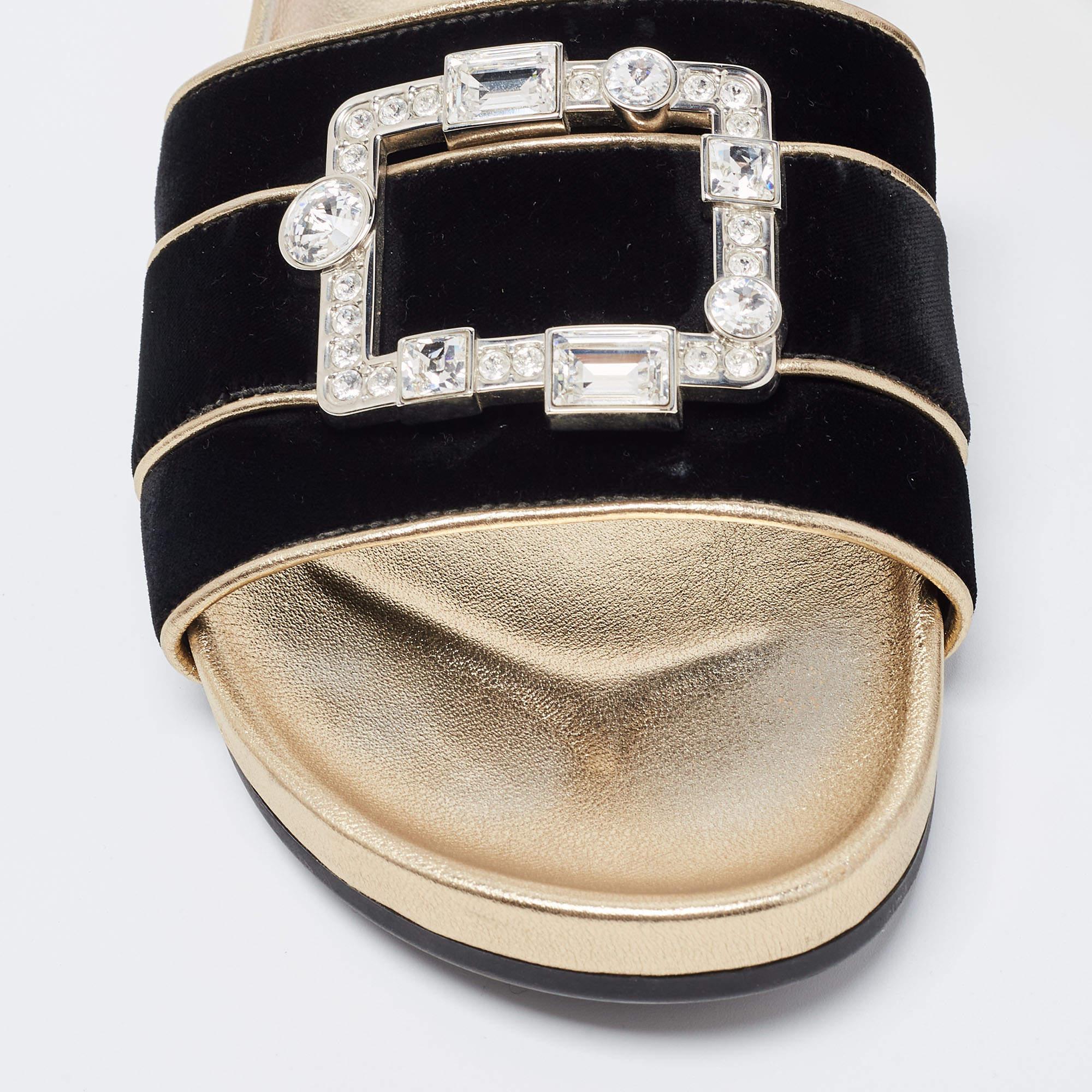 Prada Black Velvet Embellished Buckle Slides  In Good Condition For Sale In Dubai, Al Qouz 2