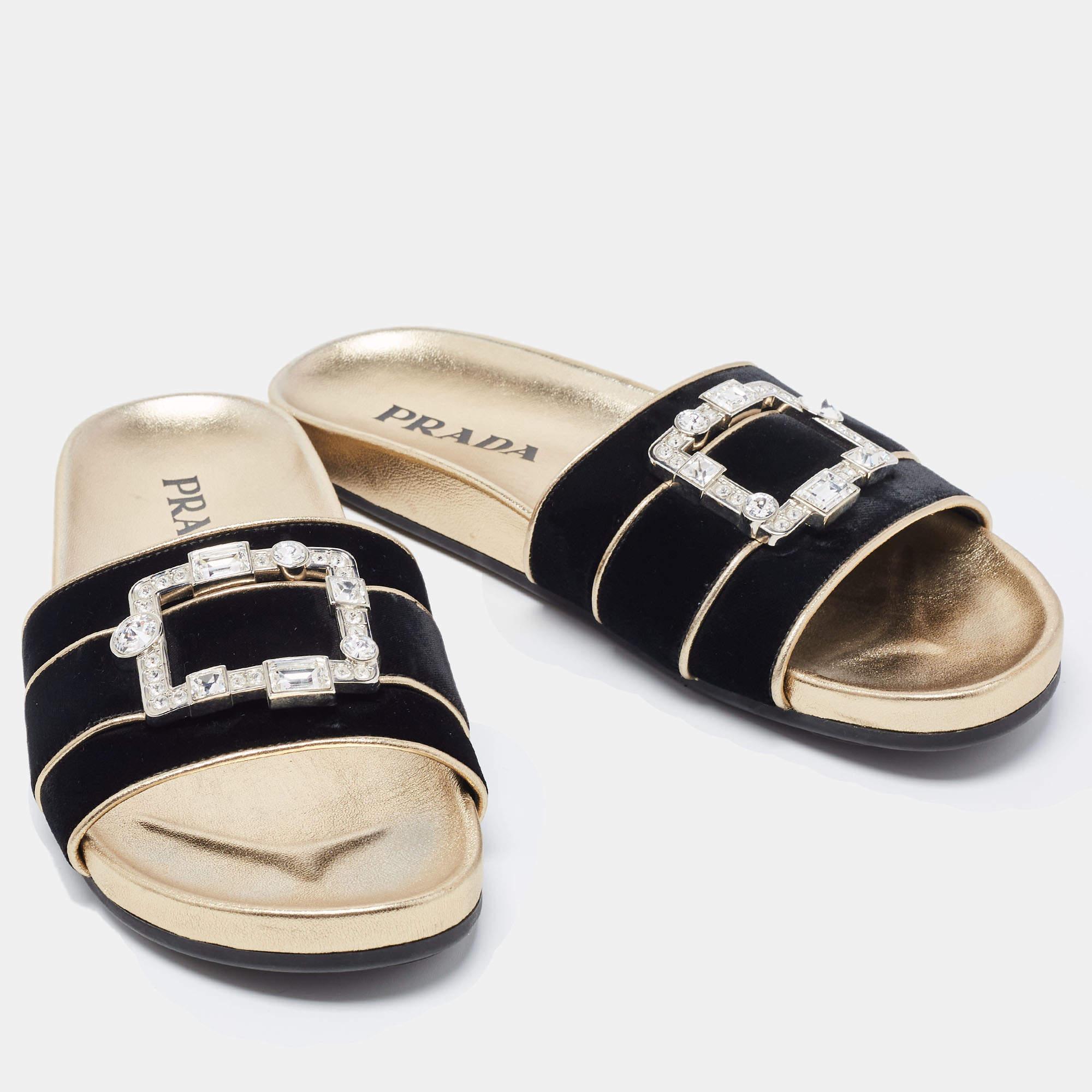 Prada Black Velvet Embellished Buckle Slides For Sale 1