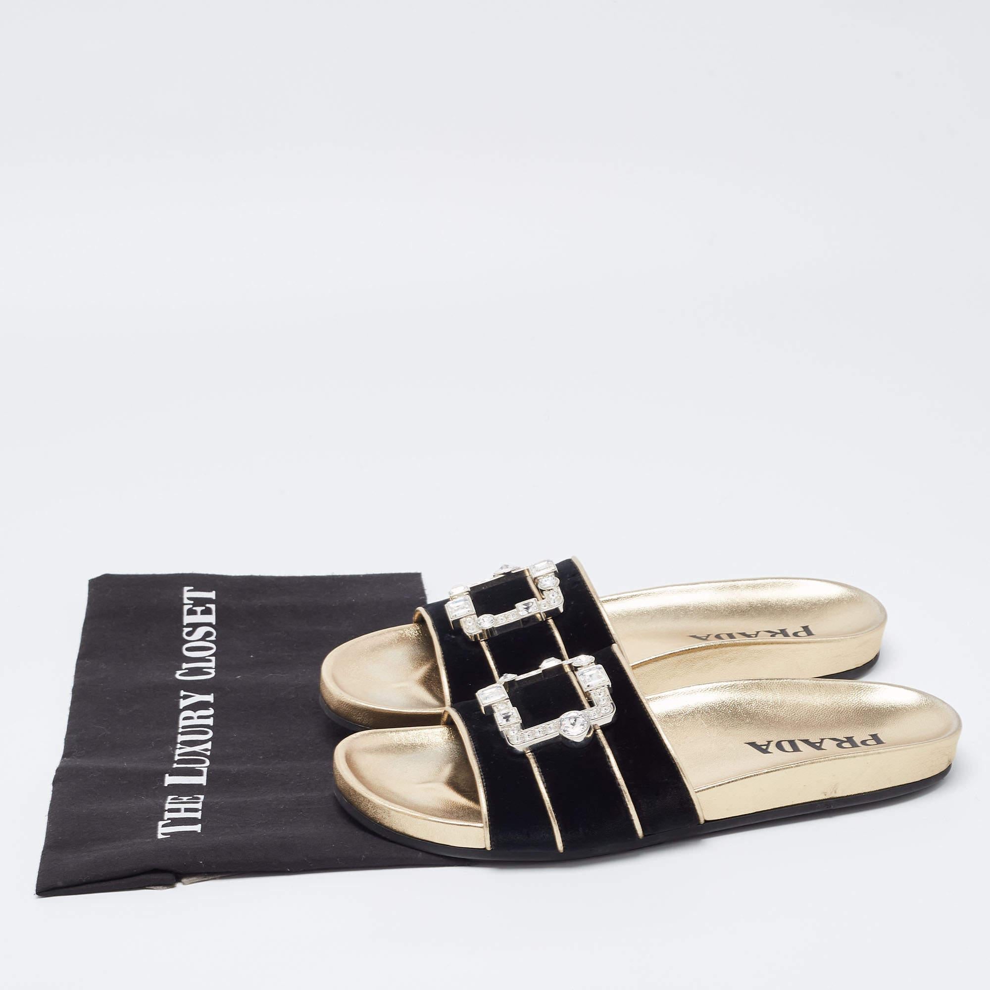 Prada Black Velvet Embellished Buckle Slides For Sale 4