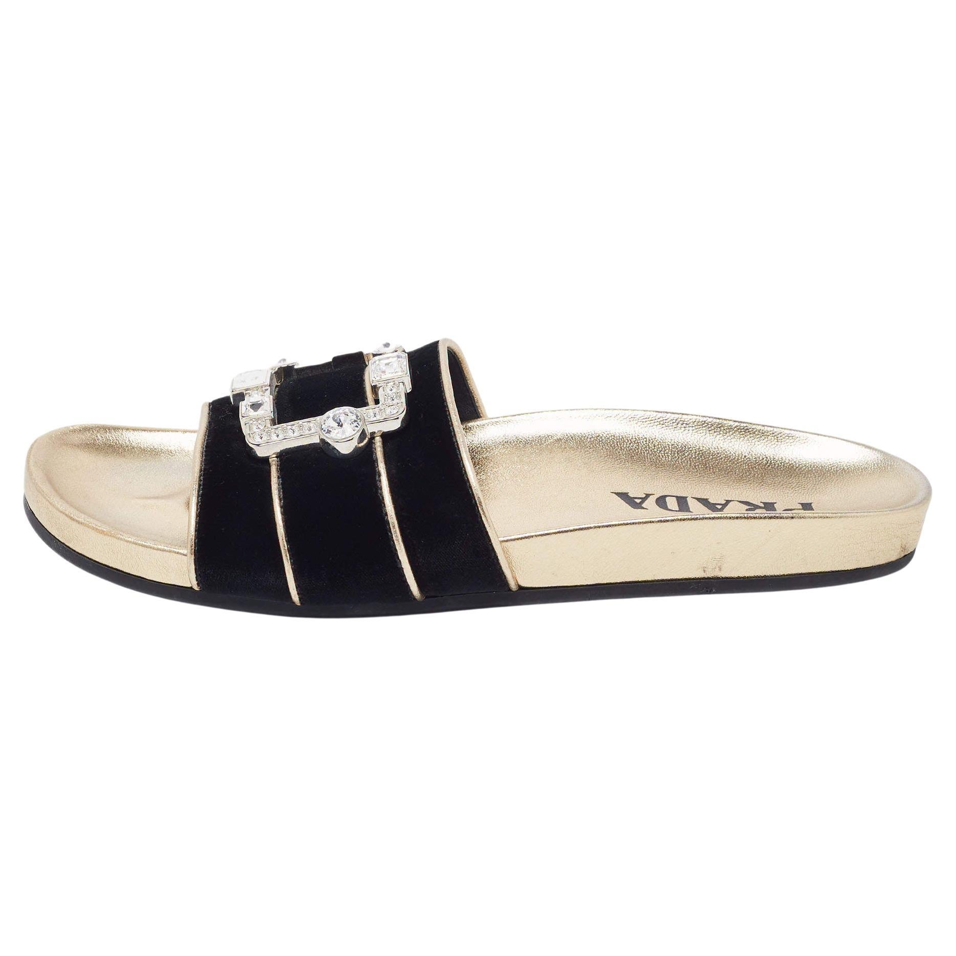 Prada Black Velvet Embellished Buckle Slides For Sale