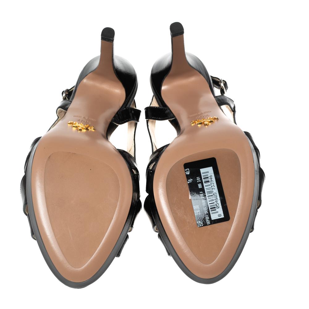 Women's Prada Black Vernice Saffiano Leather Bow Open-Toe Slingback Sandals Size 40.5