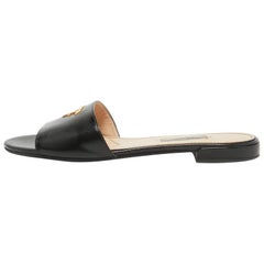 Prada Black Vernice Saffiano Leather Flat Slides Size 38