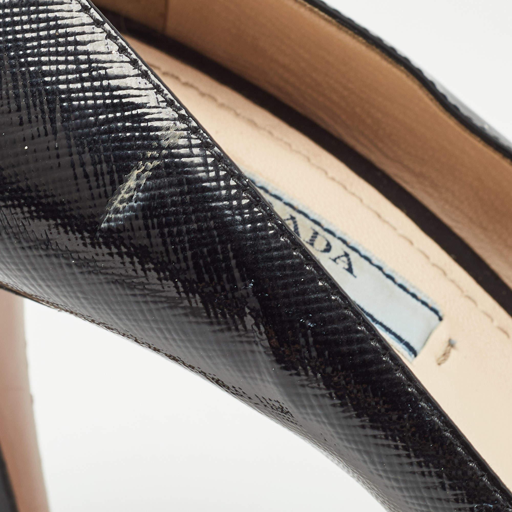 Prada Black Vernice Saffiano Leather Peep Toe Platform Pumps Size 37.5 For Sale 4