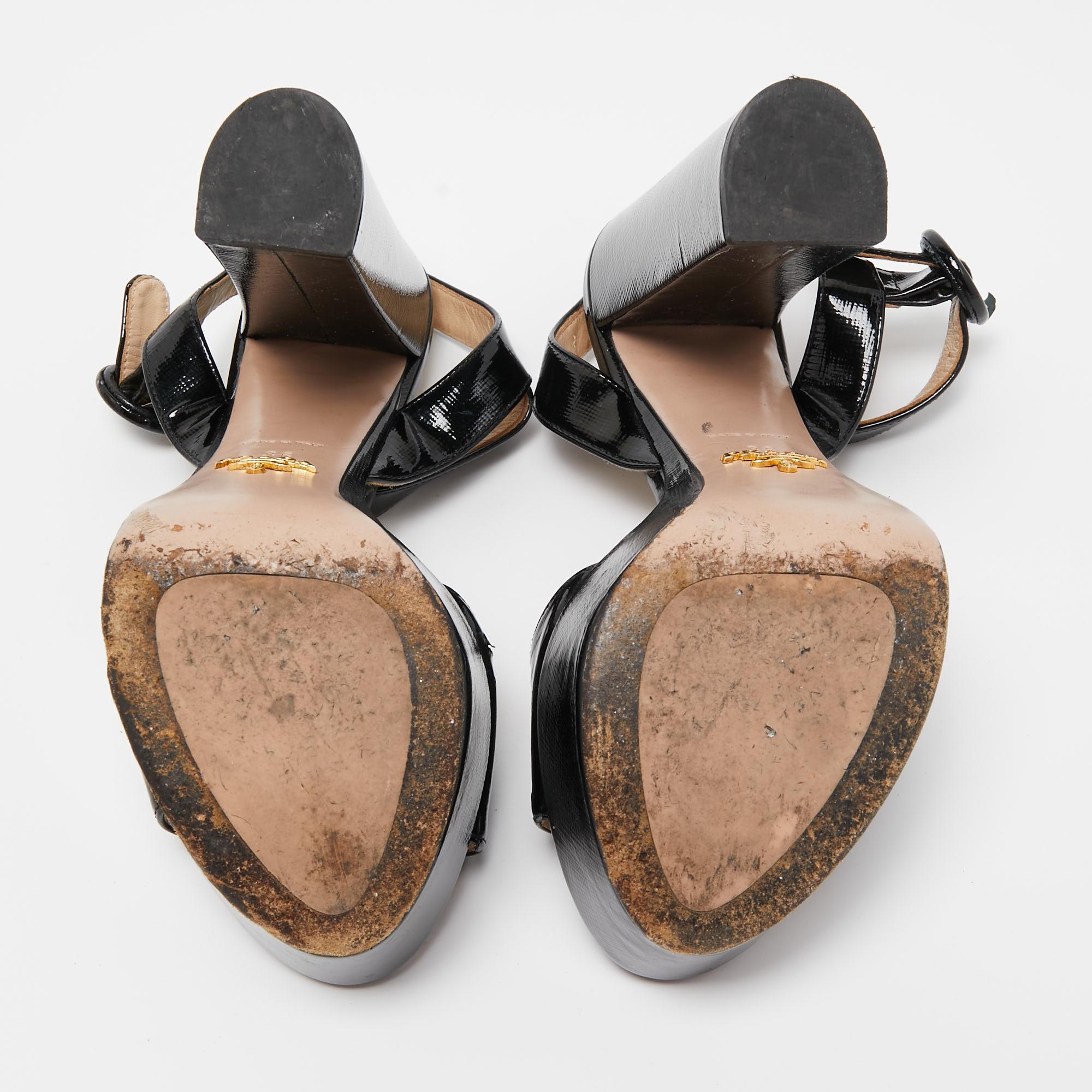 Prada Black Vernice Saffiano Leather Platform Ankle Strap Sandals Size 36 6