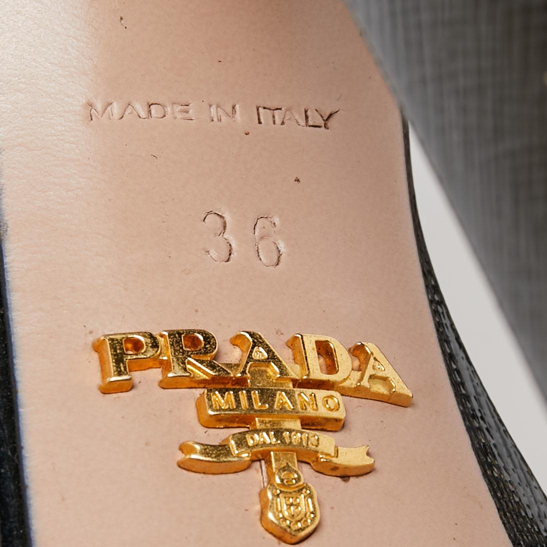 Prada Black Vernice Saffiano Leather Platform Ankle Strap Sandals Size 36 5
