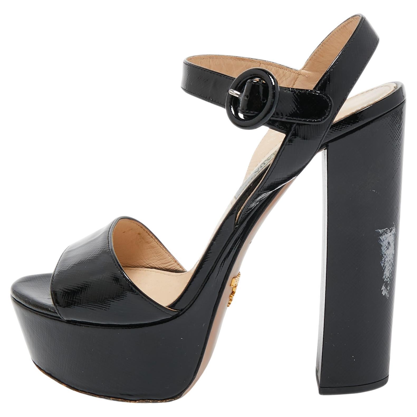 Prada Black Vernice Saffiano Leather Platform Ankle Strap Sandals Size 36 For Sale