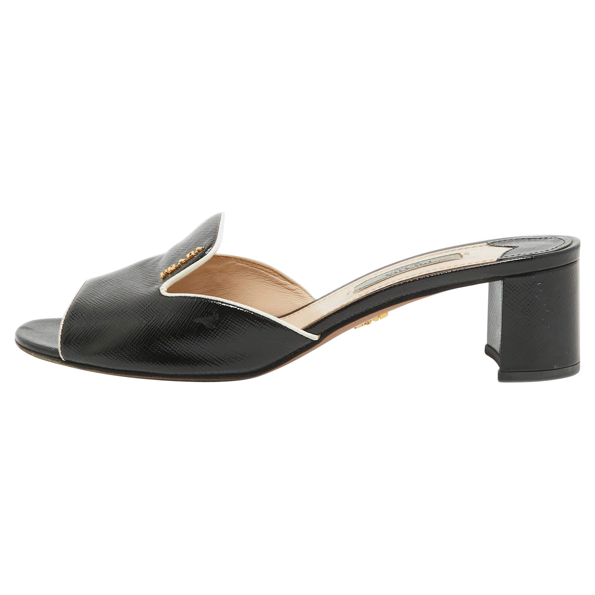 Prada Black Vernice Saffiano Leather Slide Sandals Size 36.5