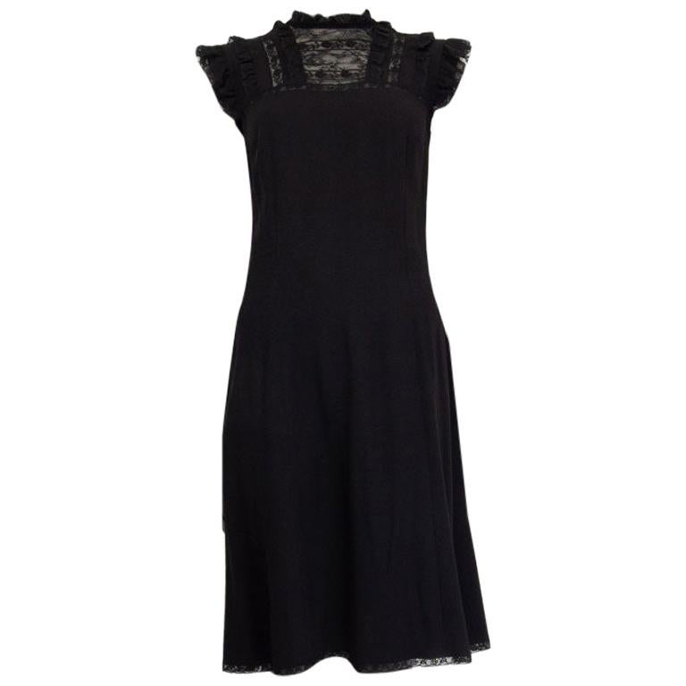 PRADA black viscose blend LACE TRIM Cap Sleeve Flared Dress M For Sale