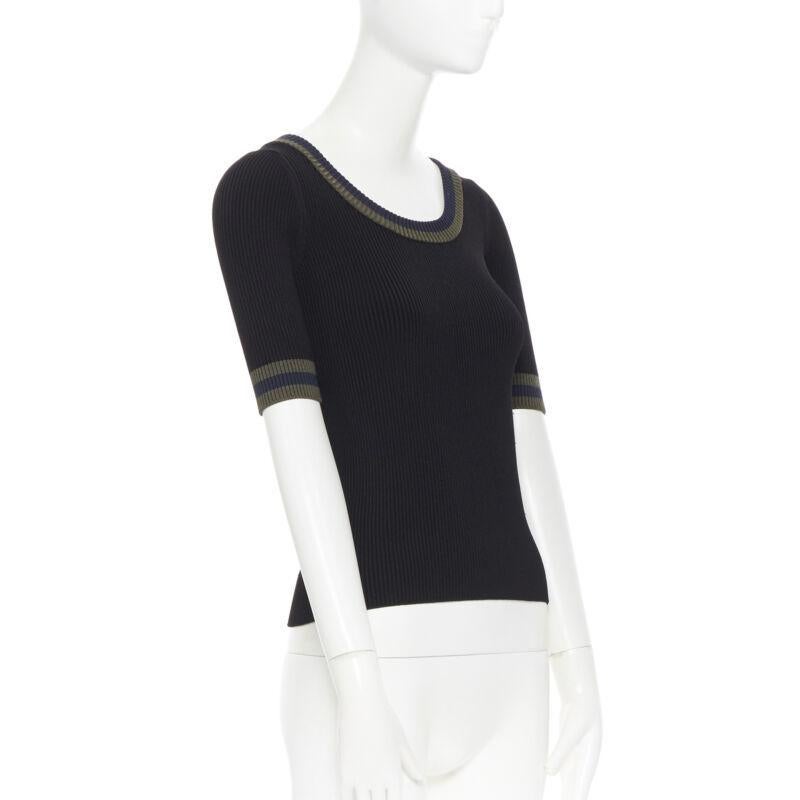 PRADA black viscose ribbed knit scoop neck web rimmed short sleeve top IT40 S In Good Condition For Sale In Hong Kong, NT