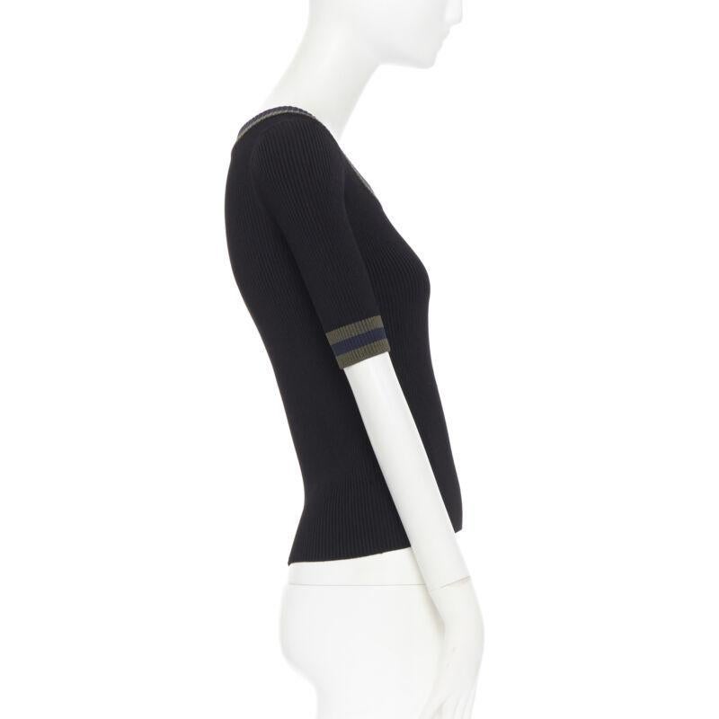 Women's PRADA black viscose ribbed knit scoop neck web rimmed short sleeve top IT40 S For Sale