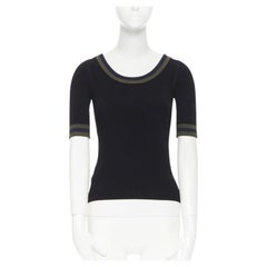 PRADA black viscose ribbed knit scoop neck web rimmed short sleeve top IT40 S