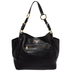 Prada Black Vitello Daino Leather Front Zip Hobo