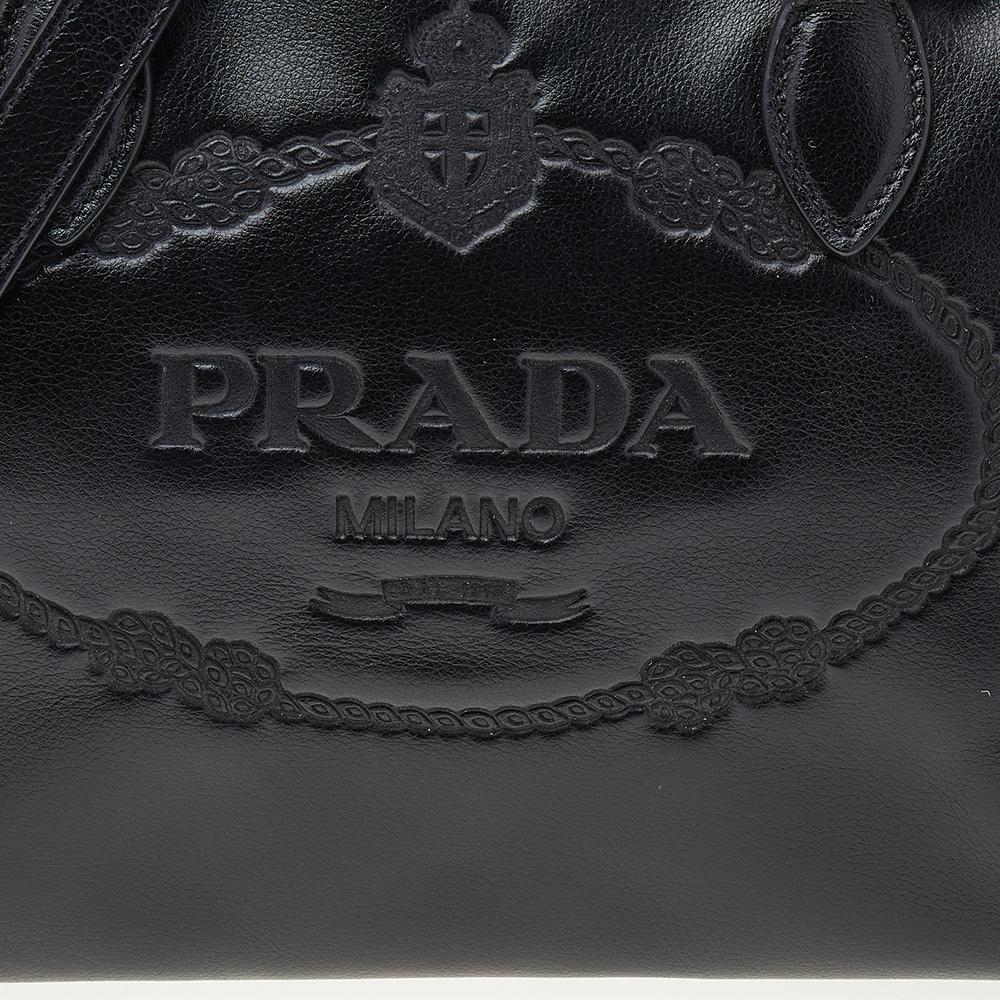 Prada Black Vitello Daino Leather Logo Embossed Tote 5