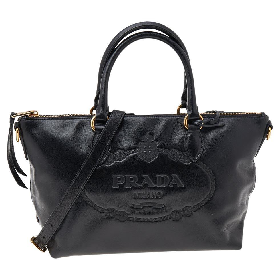 Prada Black Vitello Daino Leather Logo Embossed Tote