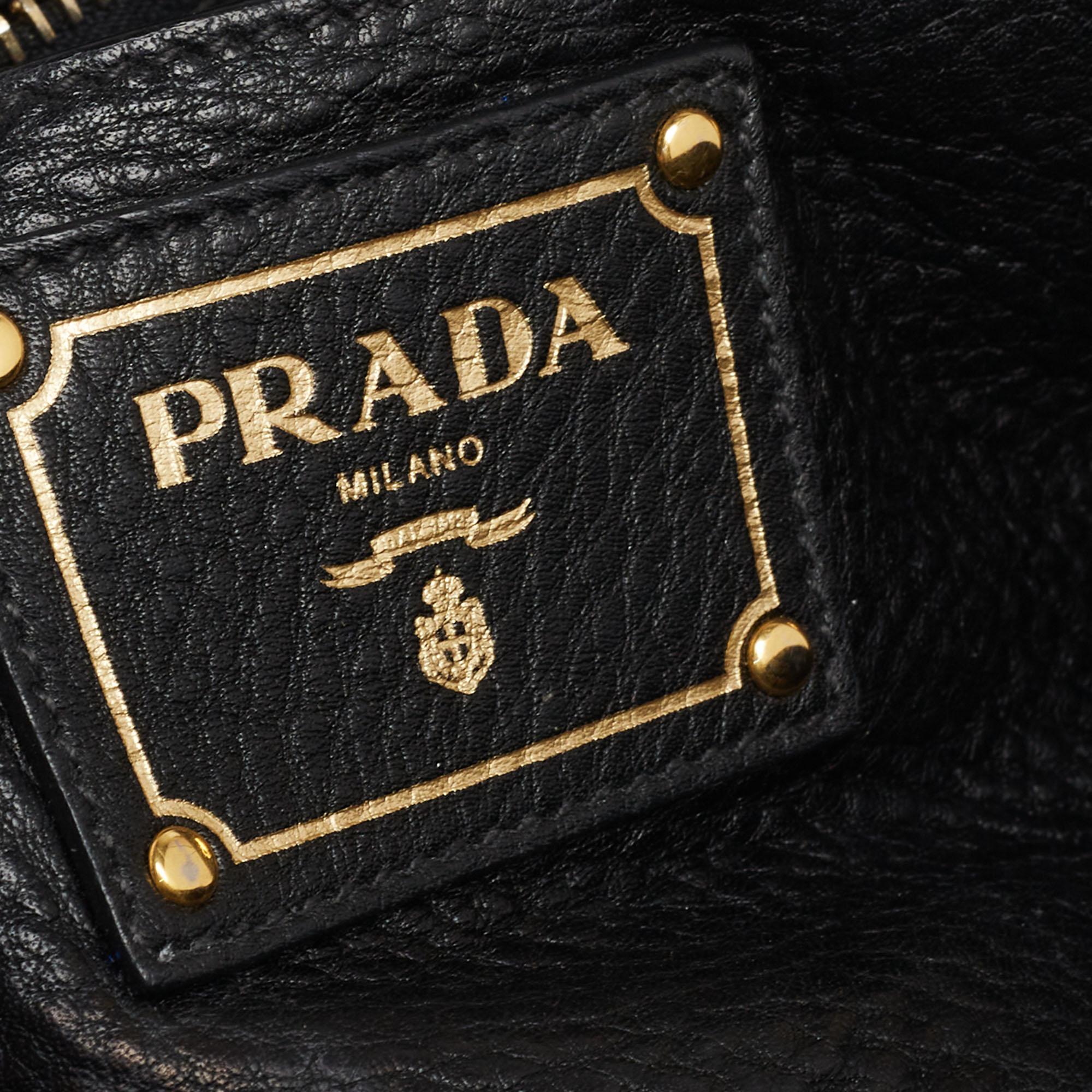 Prada Black Vitello Daino Leather Logo Satchel 2