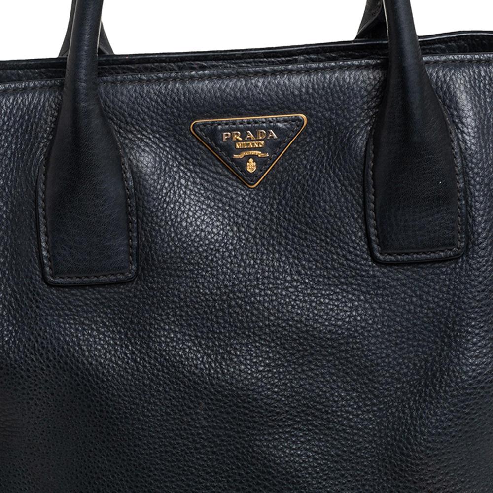 Prada Schwarz Vitello Daino Leder Seite Snap Tote 3