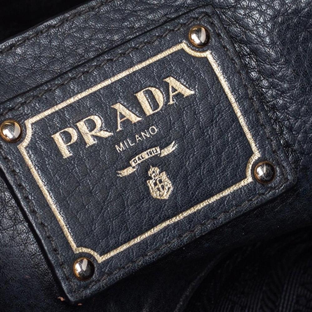 Prada Schwarz Vitello Daino Leder Seite Snap Tote 4
