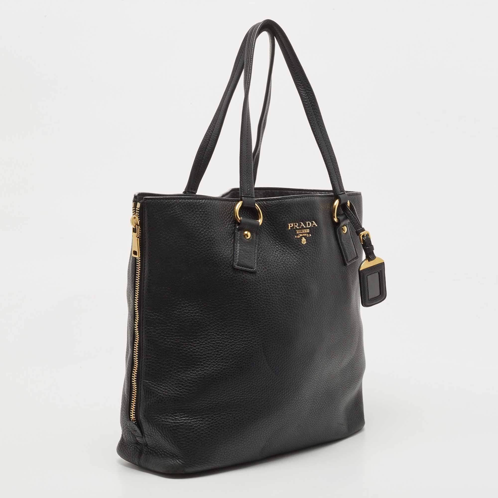 Women's Prada Black Vitello Daino Leather Side Zip Shopping Tote
