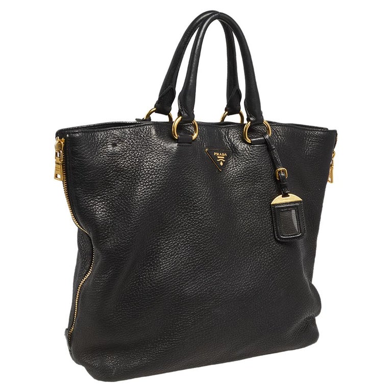 Prada Black Vitello Daino Leather Side Zip Tote For Sale At 1stdibs