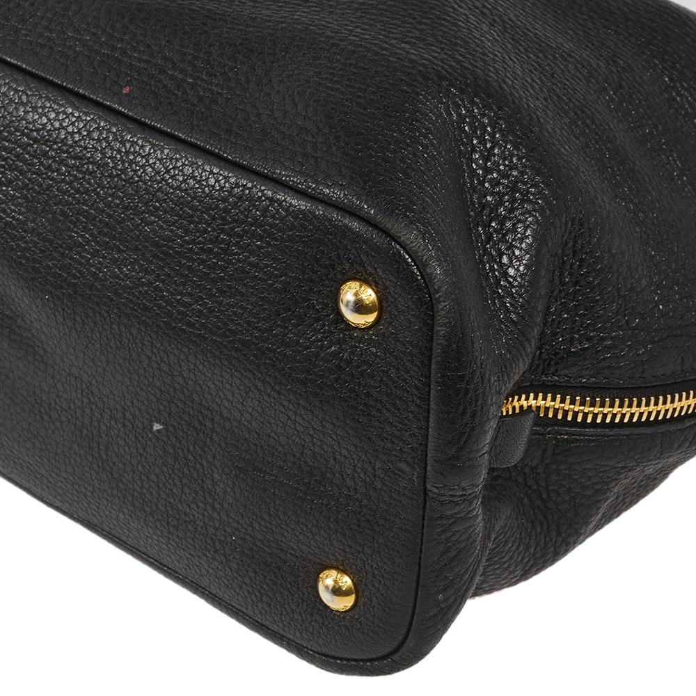 Women's Prada Black Vitello Daino Leather Side Zip Tote