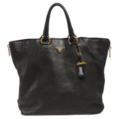 Prada Black Vitello Daino Leather Side Zip Tote