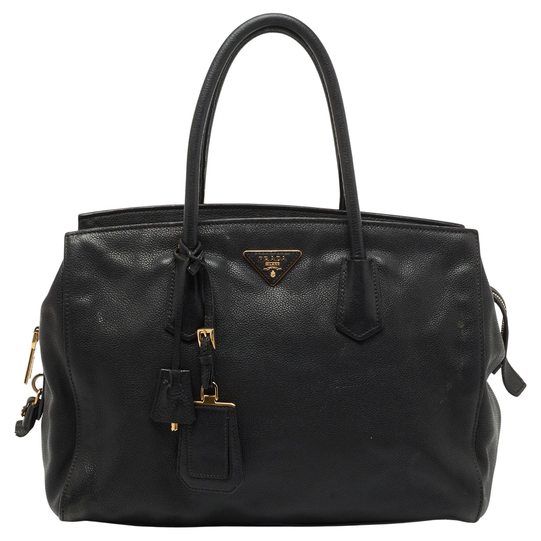 Prada Black Vitello Daino Leather Top Zip Tote