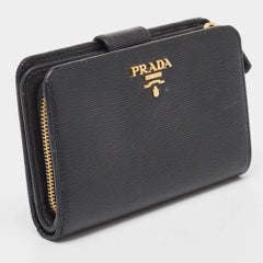 Prada Black Vitello Move Leather French Compact Wallet