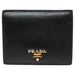 Prada Black Vitello Move Leather Logo Bifold Compact Wallet