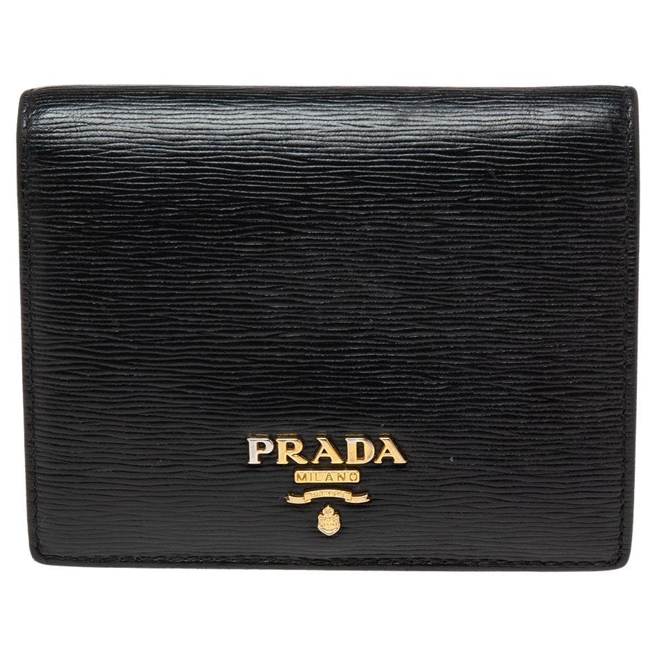 Prada Black Vitello Move Leather Logo Bifold Compact Wallet at 1stDibs