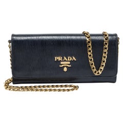 Prada Black Vitello Move Leather Wallet on Chain