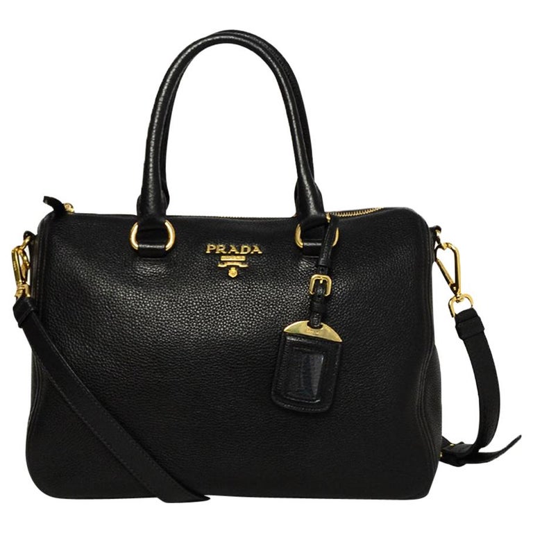 Prada Black Vitello Phenix Leather Bauletto Bag w/ Strap For Sale at