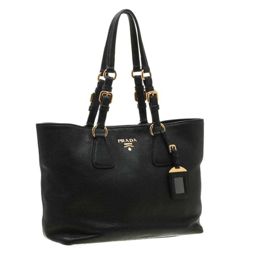 Women's Prada Black Vitello Phenix Leather Medium Tote