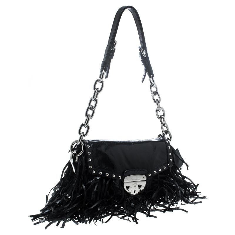 Prada Black Vitello Shine Leather Fringe Shoulder Bag 5