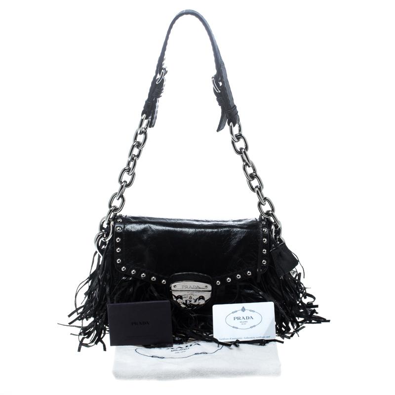 Prada Black Vitello Shine Leather Fringe Shoulder Bag 6