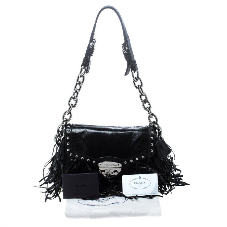 Prada Black Vitello Shine Leather Fringe Shoulder Bag For Sale at 1stDibs
