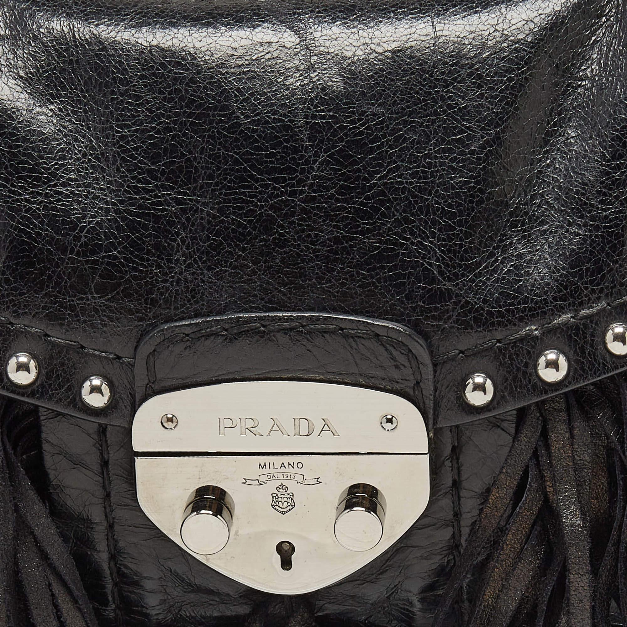 Prada Black Vitello Shine Leather Fringe Shoulder Bag 7