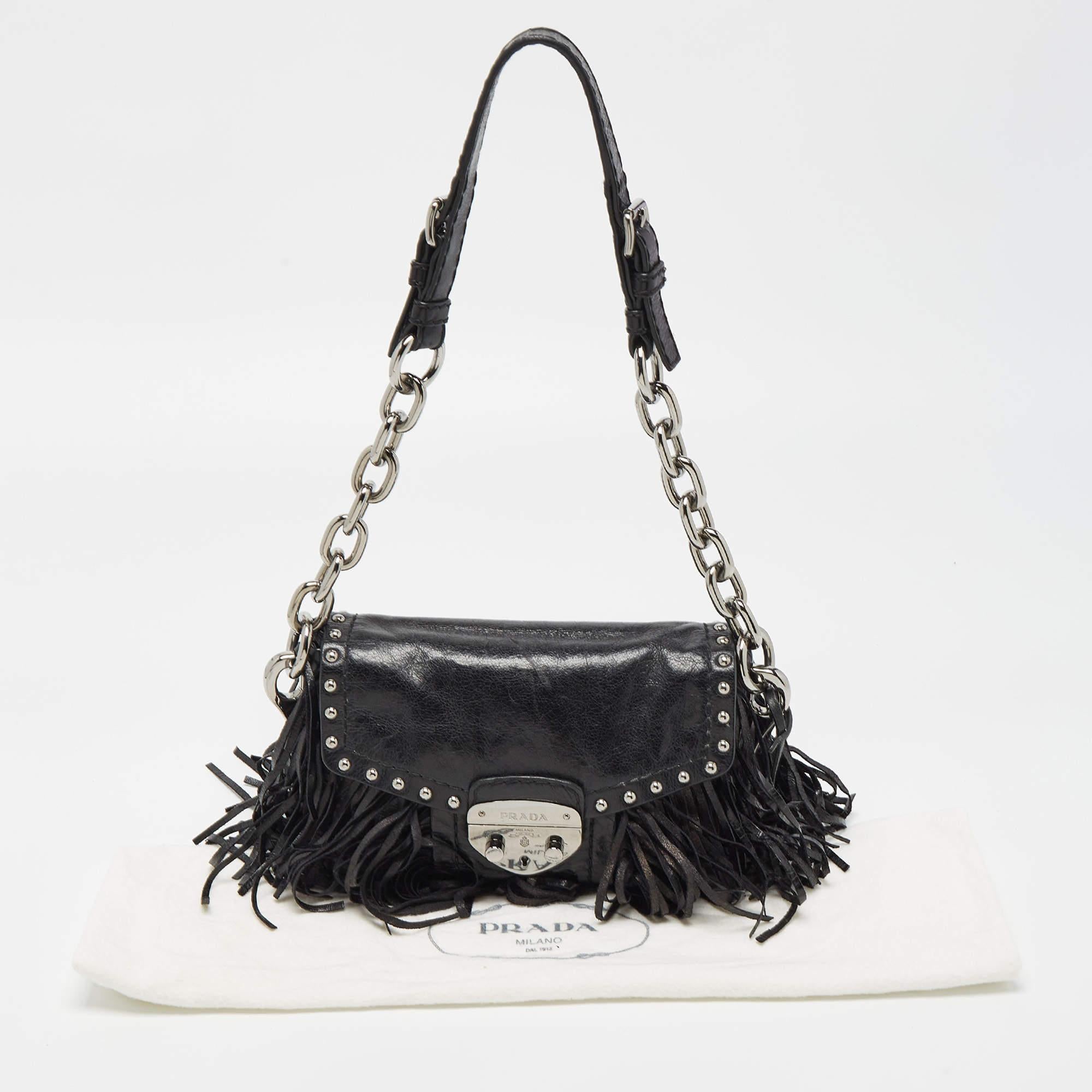 Prada Black Vitello Shine Leather Fringe Shoulder Bag 8
