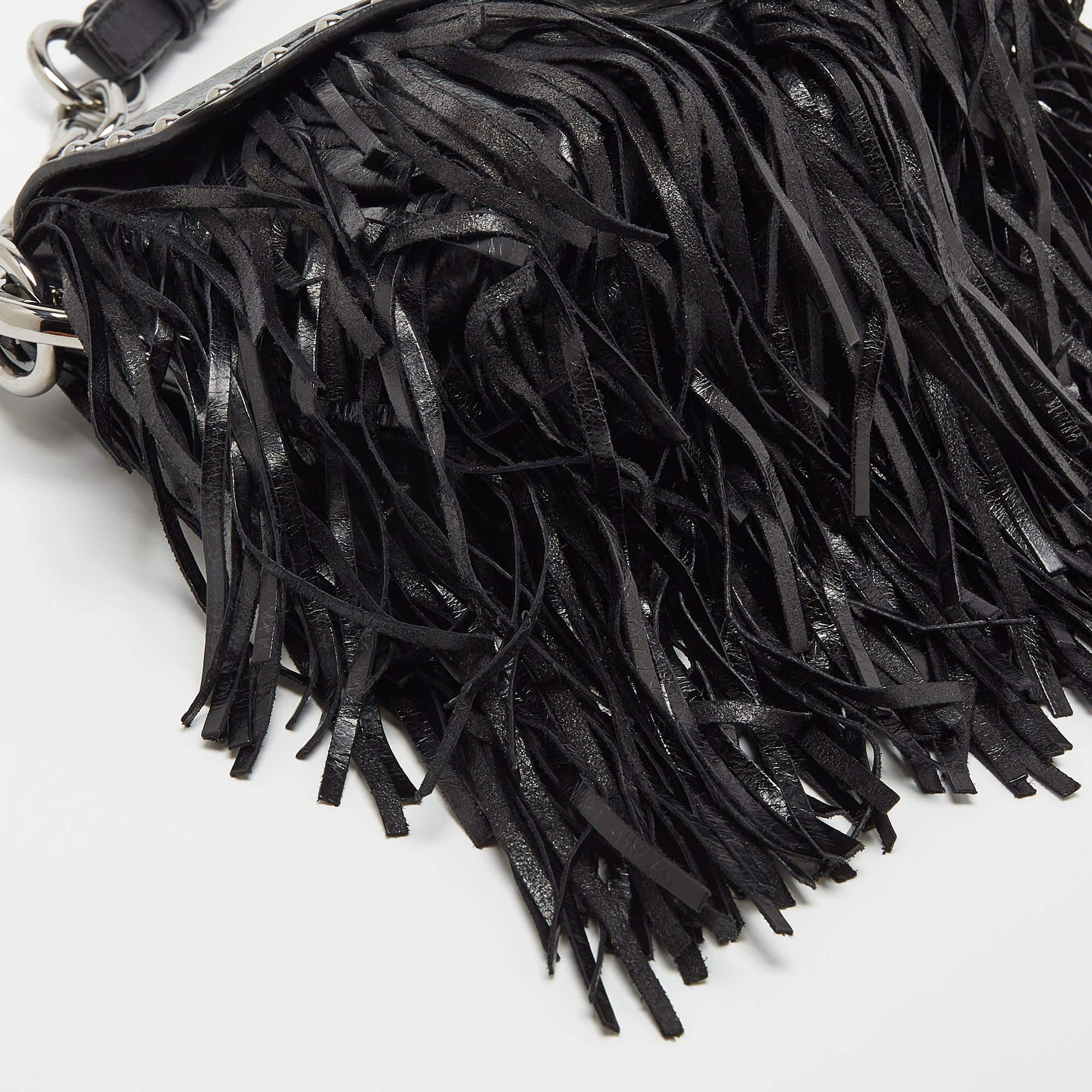 Women's Prada Black Vitello Shine Leather Fringe Shoulder Bag