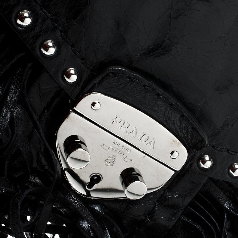 Prada Black Vitello Shine Leather Fringe Shoulder Bag 1