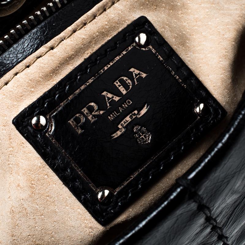 Prada Black Vitello Shine Leather Fringe Shoulder Bag 1